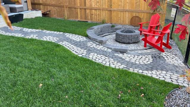 Belgard Belgian cobble paver patio with firepit by MBD Landscaping team 2025